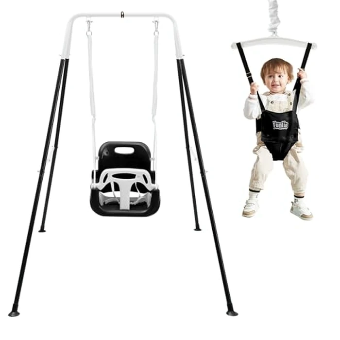 FUNLIO 2 in 1 Swing Set for Toddler & Baby Jumper, Heavy Duty Kids Swing & Bouncer with 4 Sandbags, Foldable Metal Stand for Indoor/Outdoor Play, Easy to Assemble and Store - Black by FUNLIO - Image 1