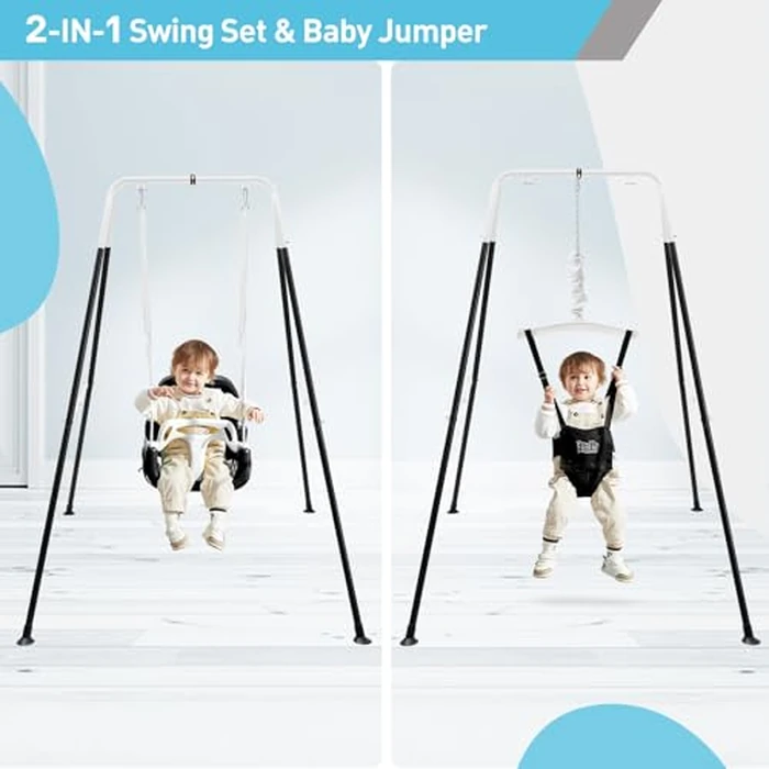 FUNLIO 2 in 1 Swing Set for Toddler & Baby Jumper, Heavy Duty Kids Swing & Bouncer with 4 Sandbags, Foldable Metal Stand for Indoor/Outdoor Play, Easy to Assemble and Store - Black by FUNLIO - Image 2