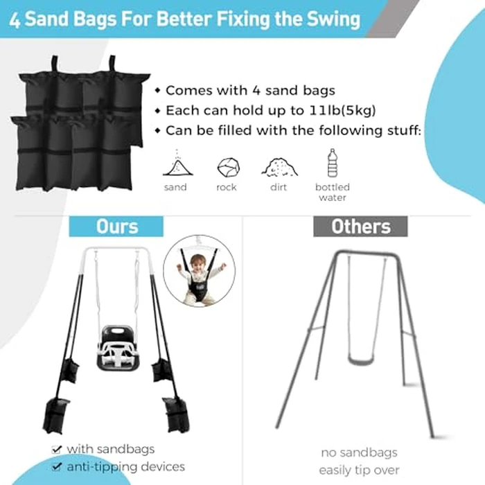 FUNLIO 2 in 1 Swing Set for Toddler & Baby Jumper, Heavy Duty Kids Swing & Bouncer with 4 Sandbags, Foldable Metal Stand for Indoor/Outdoor Play, Easy to Assemble and Store - Black by FUNLIO - Image 3