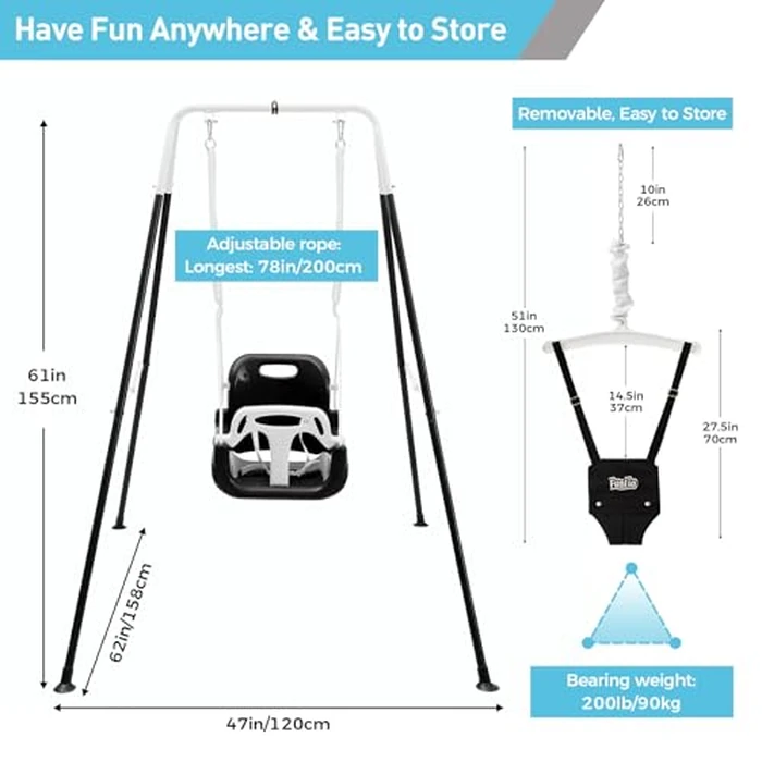 FUNLIO 2 in 1 Swing Set for Toddler & Baby Jumper, Heavy Duty Kids Swing & Bouncer with 4 Sandbags, Foldable Metal Stand for Indoor/Outdoor Play, Easy to Assemble and Store - Black by FUNLIO - Image 6