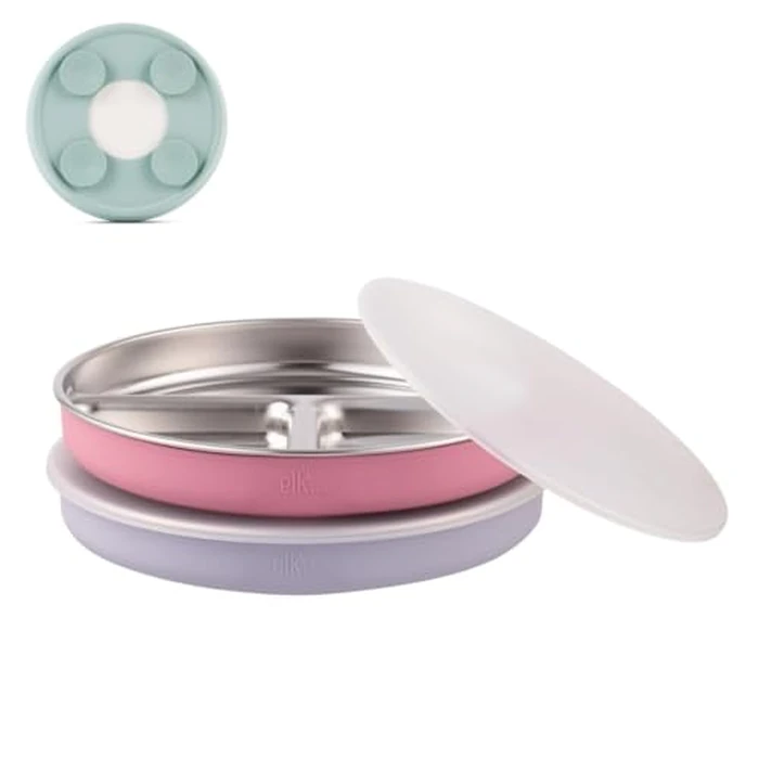 Elk and Friends Kids Stainless Steel Divided Plates with Silicone Suction Sleeves | Lids Included | Suitable for Babies/Toddlers | Dishwasher Safe | Stay Put Dinnerware | Snack Dishes | 2 Pack by Elk and Friends - Used - Very Good condition - CA$29.69
