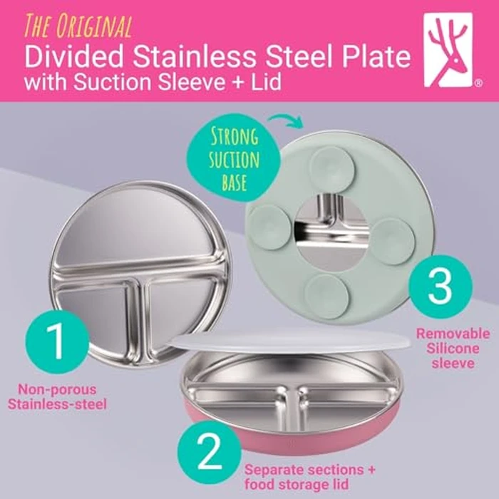 Elk and Friends Kids Stainless Steel Divided Plates with Silicone Suction Sleeves | Lids Included | Suitable for Babies/Toddlers | Dishwasher Safe | Stay Put Dinnerware | Snack Dishes | 2 Pack by Elk and Friends - Image 2