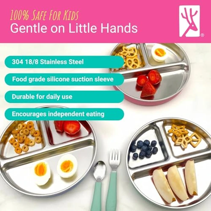 Elk and Friends Kids Stainless Steel Divided Plates with Silicone Suction Sleeves | Lids Included | Suitable for Babies/Toddlers | Dishwasher Safe | Stay Put Dinnerware | Snack Dishes | 2 Pack by Elk and Friends - Image 3