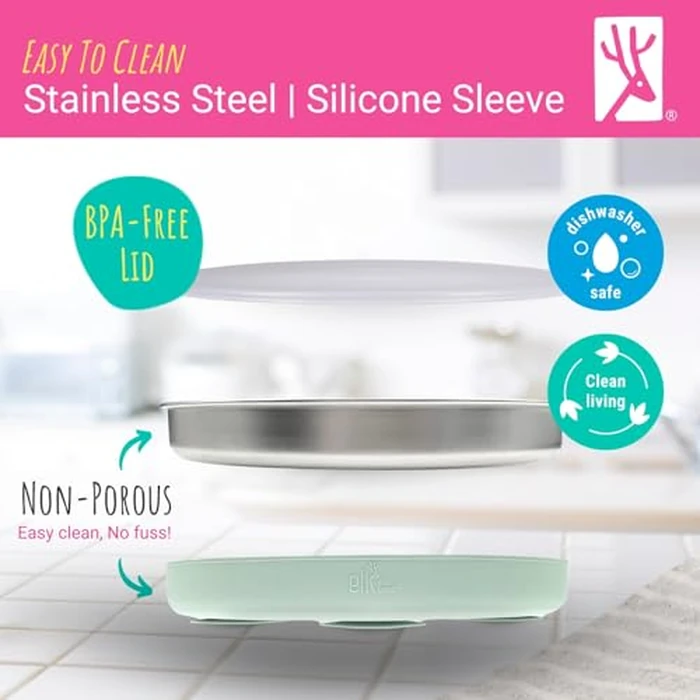 Elk and Friends Kids Stainless Steel Divided Plates with Silicone Suction Sleeves | Lids Included | Suitable for Babies/Toddlers | Dishwasher Safe | Stay Put Dinnerware | Snack Dishes | 2 Pack by Elk and Friends - Image 6