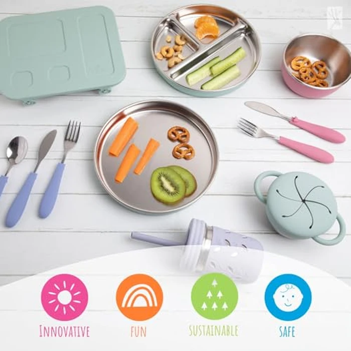 Elk and Friends Kids Stainless Steel Divided Plates with Silicone Suction Sleeves | Lids Included | Suitable for Babies/Toddlers | Dishwasher Safe | Stay Put Dinnerware | Snack Dishes | 2 Pack by Elk and Friends - Image 8