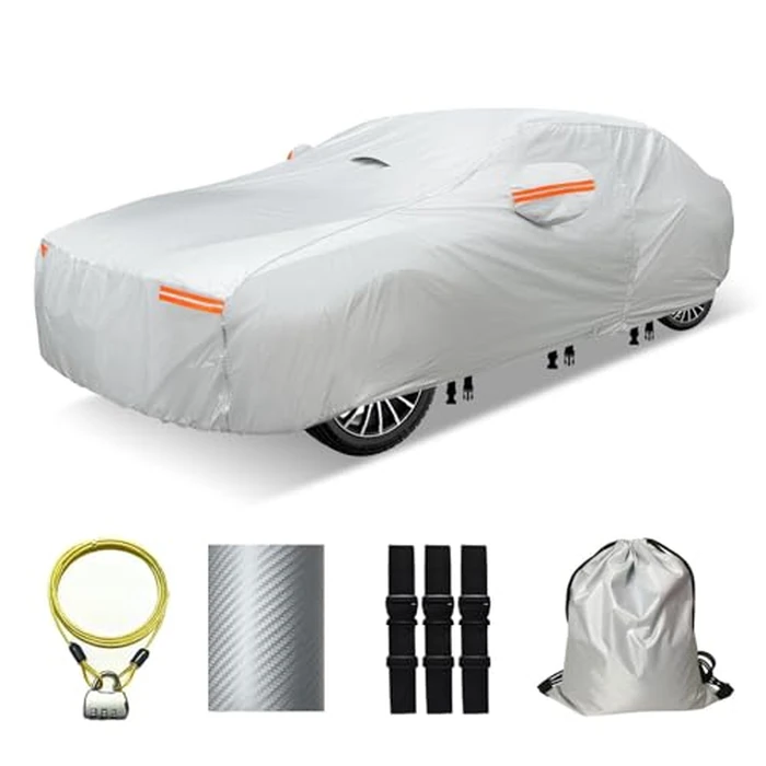 OWEEIO 30 Layers Car Cover for Automobiles All Weather Waterproof, Outdoor Snowproof UV Protection Windproof, Door Zipper, Soft Cotton, Heavy Duty Universal Car Covers, (Silver, Fit Sedans 171"-180") by OWEEIO - Used - Good condition - CA$47.35