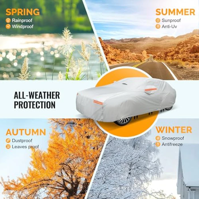 OWEEIO 30 Layers Car Cover for Automobiles All Weather Waterproof, Outdoor Snowproof UV Protection Windproof, Door Zipper, Soft Cotton, Heavy Duty Universal Car Covers, (Silver, Fit Sedans 171"-180") by OWEEIO - Image 6