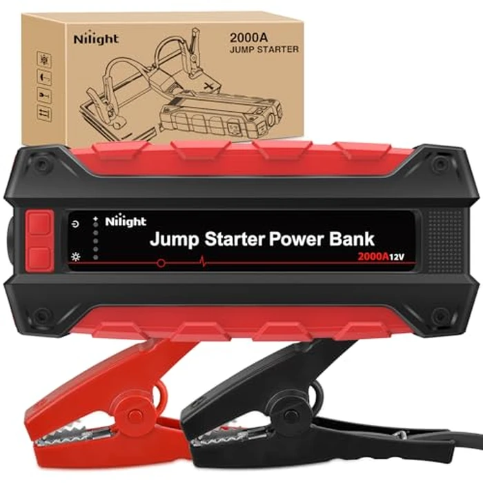 Nilight 2000A Car Battery Jump Starter for Up to 8.0L Gas & 7.0L Diesel Engines 12V Portable Jump Start Booster Pack Jump Box with Jumper Cables DC Output and LED Light by Nilight - Image 1