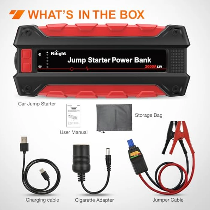 Nilight 2000A Car Battery Jump Starter for Up to 8.0L Gas & 7.0L Diesel Engines 12V Portable Jump Start Booster Pack Jump Box with Jumper Cables DC Output and LED Light by Nilight - Image 8