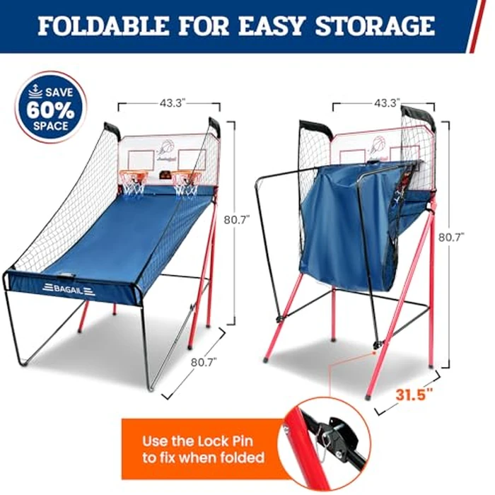 BAGAIL Basketball Arcade Game, Electronic Basketball Shooting Game with 8 Game Modes, Arcade Sounds, Foldable Frame, 4 Balls, Inflation Pump, Ideal Indoor Sport Games for All Players - Dual Shots by BAGAIL - Image 4