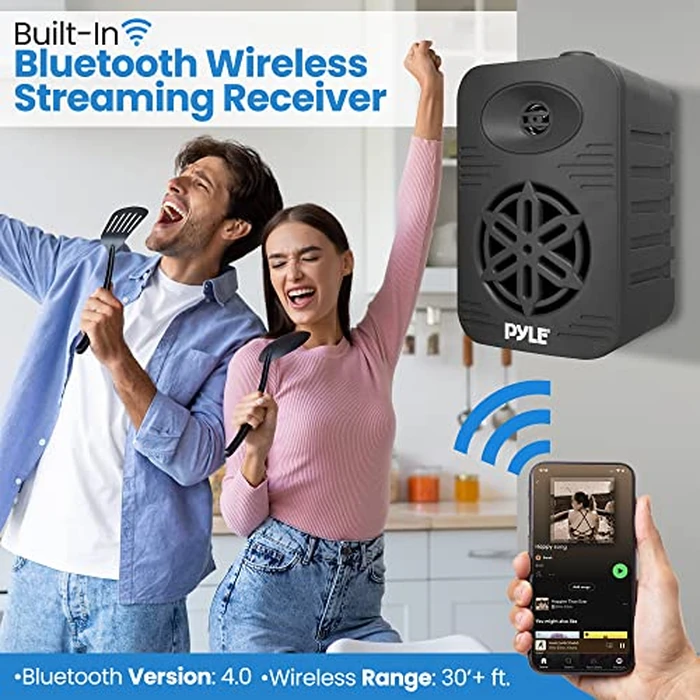 Pyle Bluetooth Indoor Outdoor Speakers Pair - 300 Watt Dual Waterproof 4” 2-Way Full Range Speaker System w/ 1/2” High Compliance Polymer Tweeter - Home, Boat, Marine, Deck, Patio, Poolside (Black) by Pyle - Image 3