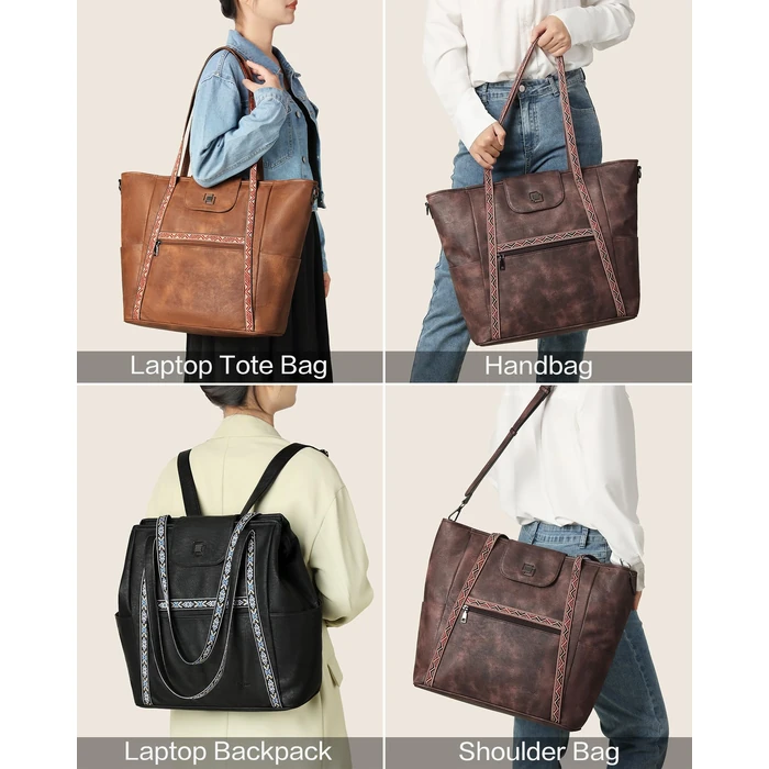 FADEON Large Laptop Tote Bag for Women Designer Leather Laptop Bag Fashion Travel Backpack Purse Shoulder Handbag Coffee Brown by FADEON - Image 2