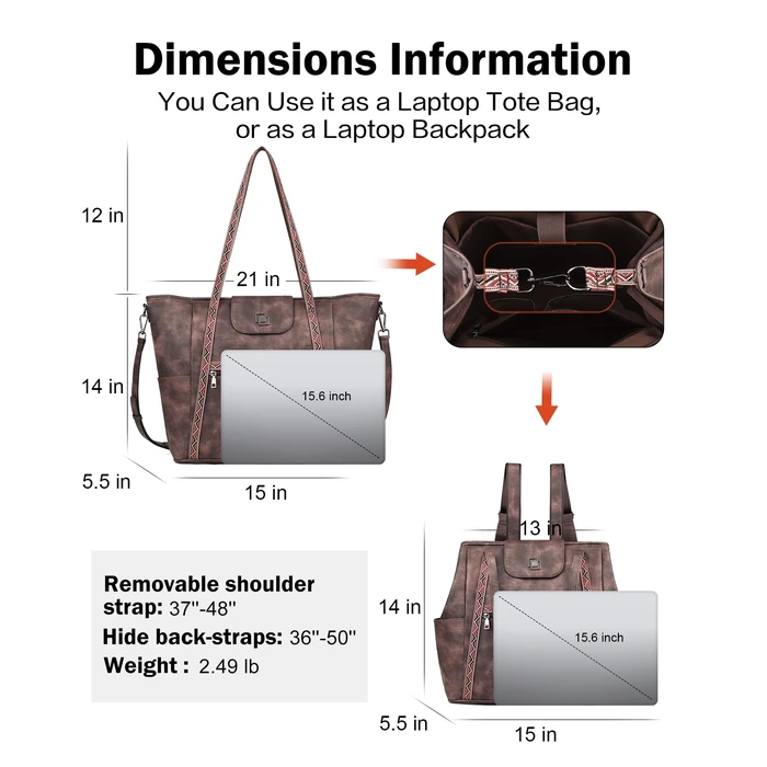 FADEON Large Laptop Tote Bag for Women Designer Leather Laptop Bag Fashion Travel Backpack Purse Shoulder Handbag Coffee Brown by FADEON - Image 4