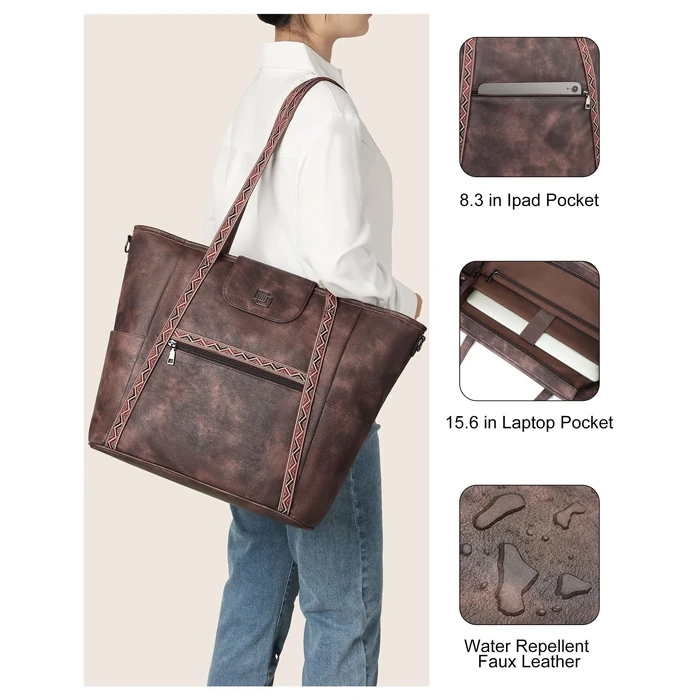 FADEON Large Laptop Tote Bag for Women Designer Leather Laptop Bag Fashion Travel Backpack Purse Shoulder Handbag Coffee Brown by FADEON - Image 5