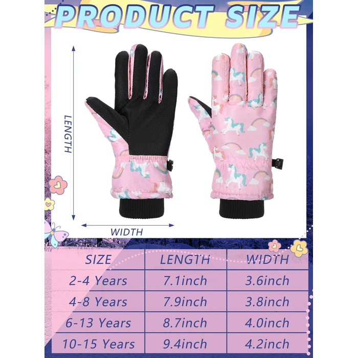 Honoson 2 Pairs Kids Snow Gloves Winter Waterproof Kids Ski Gloves Youth for Girls Boys Outdoor Toddler Snowboard Warm Clothe(Unicorn Pattern,4-8 Years) by Honoson - Image 7