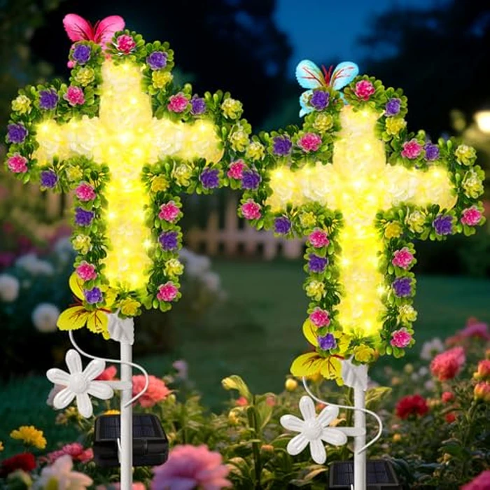 2 Pack Solar Flower Cross for Cemetery Grave, Grave Decorations for Cemetery Solar Crosses, Sympathy Memorial Gifts, for Garden Lawn Yard Patio Decor by YJFWAL - Used - Like New condition