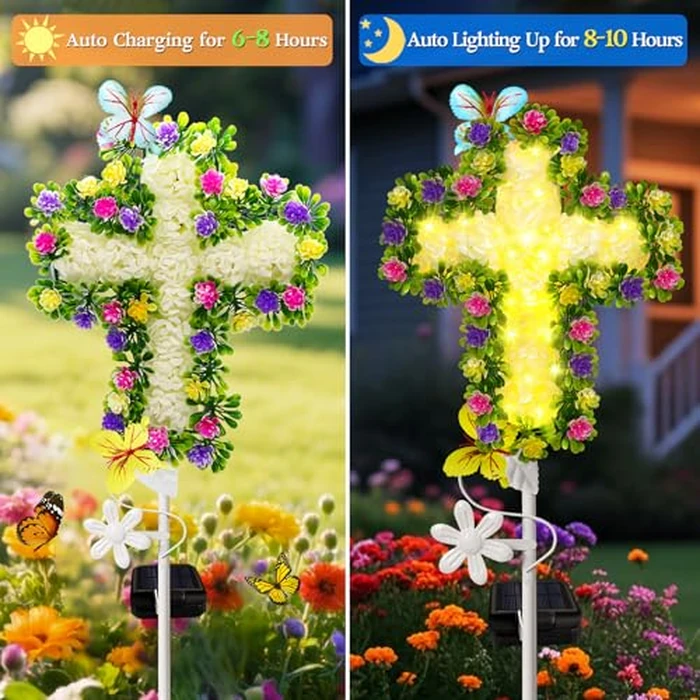 2 Pack Solar Flower Cross for Cemetery Grave, Grave Decorations for Cemetery Solar Crosses, Sympathy Memorial Gifts, for Garden Lawn Yard Patio Decor by YJFWAL - Image 2