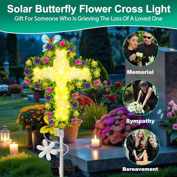 2 Pack Solar Flower Cross for Cemetery Grave, Grave Decorations for Cemetery Solar Crosses, Sympathy Memorial Gifts, for Garden Lawn Yard Patio Decor by YJFWAL - Image 3