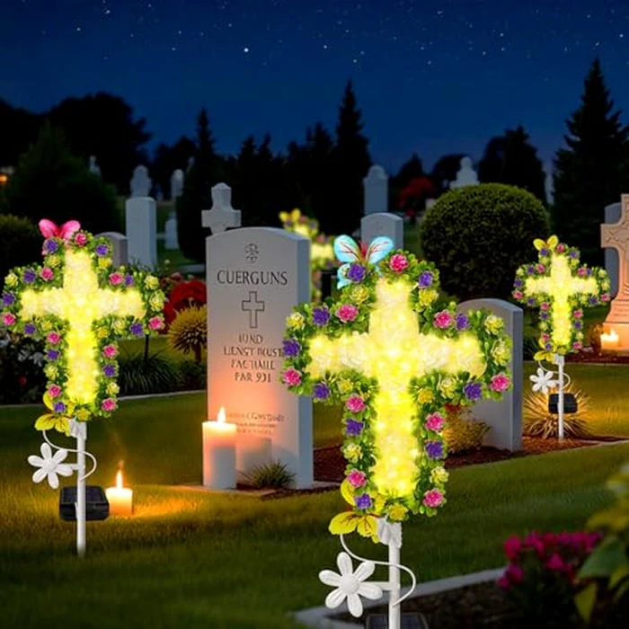 2 Pack Solar Flower Cross for Cemetery Grave, Grave Decorations for Cemetery Solar Crosses, Sympathy Memorial Gifts, for Garden Lawn Yard Patio Decor by YJFWAL - Image 4