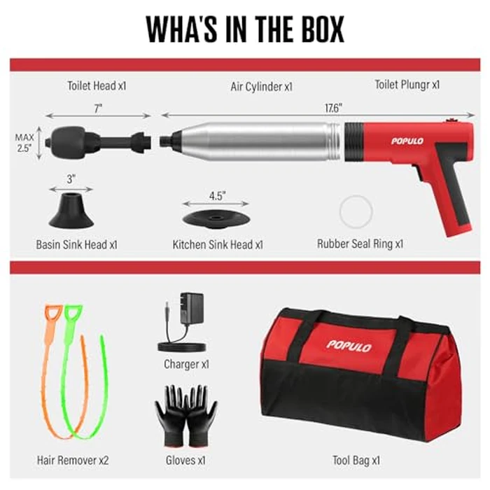 POPULO Electric Toilet Plunger High Pressure Drain Unclogger Plungers for Bathroom, Floors, Heavy Duty Versatile Home Toilet Unclogger Tool by populo - Image 7