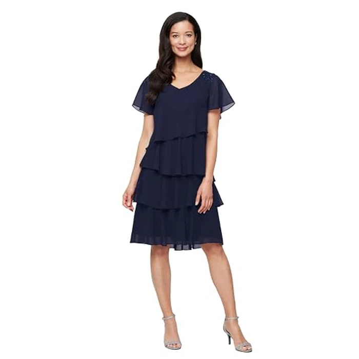 S.L. Fashions Women's V-Neck Chiffon Cocktail Dress with Beaded Shoulders and Asymmetrical Tiers,New Navy, 10P by S.L. Fashions - Used - Like New condition