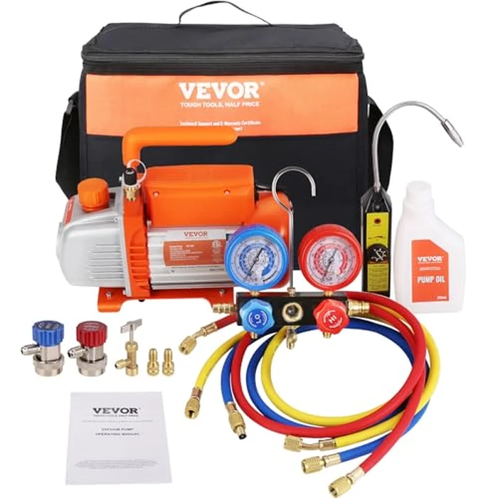 VEVOR 1/4 HP 4 CFM AC Vacuum Pump and Gauge Set, Single Stage Rotary Vane HVAC Air Vacuum Pump A/C Refrigerant Kit Manifold Gauge Set, with Three-Color Hose Carry Bag, Applicable to R134a, R410a by VEVOR - Image 1