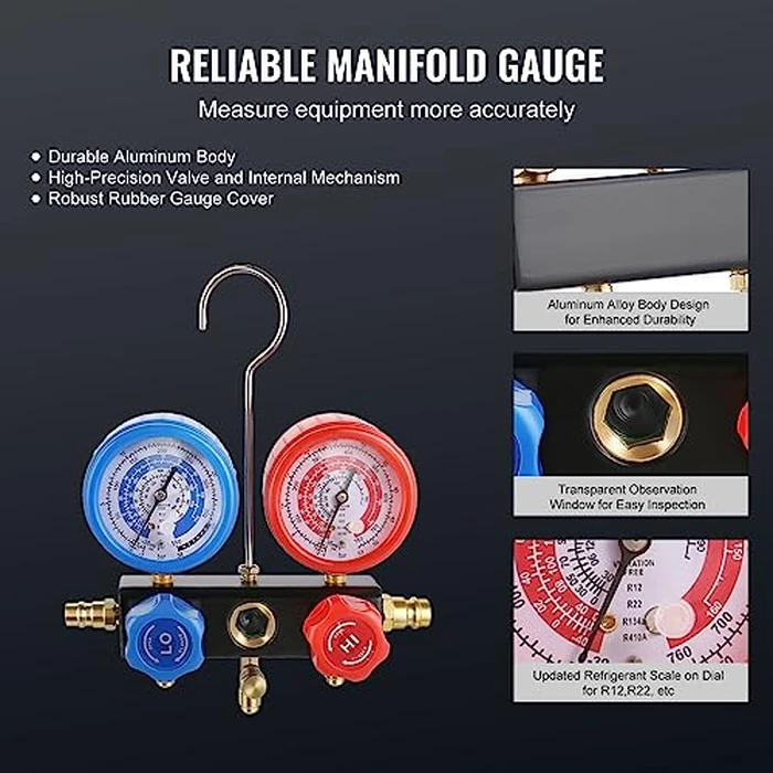 VEVOR 1/4 HP 4 CFM AC Vacuum Pump and Gauge Set, Single Stage Rotary Vane HVAC Air Vacuum Pump A/C Refrigerant Kit Manifold Gauge Set, with Three-Color Hose Carry Bag, Applicable to R134a, R410a by VEVOR - Image 4