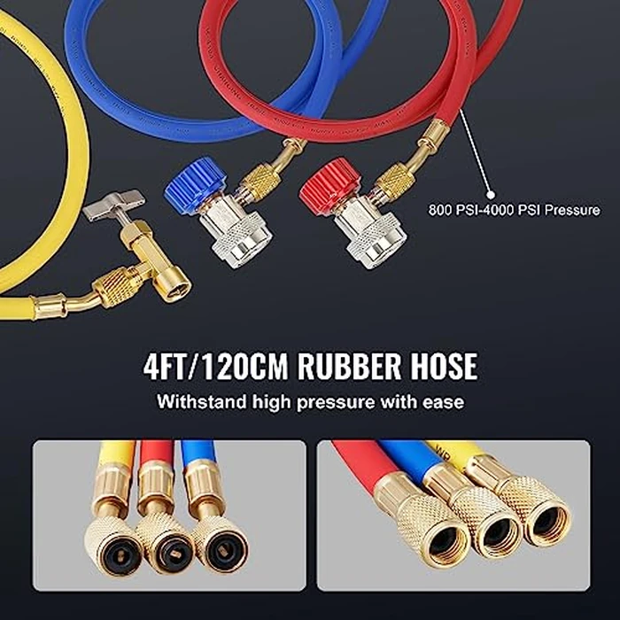 VEVOR 1/4 HP 4 CFM AC Vacuum Pump and Gauge Set, Single Stage Rotary Vane HVAC Air Vacuum Pump A/C Refrigerant Kit Manifold Gauge Set, with Three-Color Hose Carry Bag, Applicable to R134a, R410a by VEVOR - Image 5