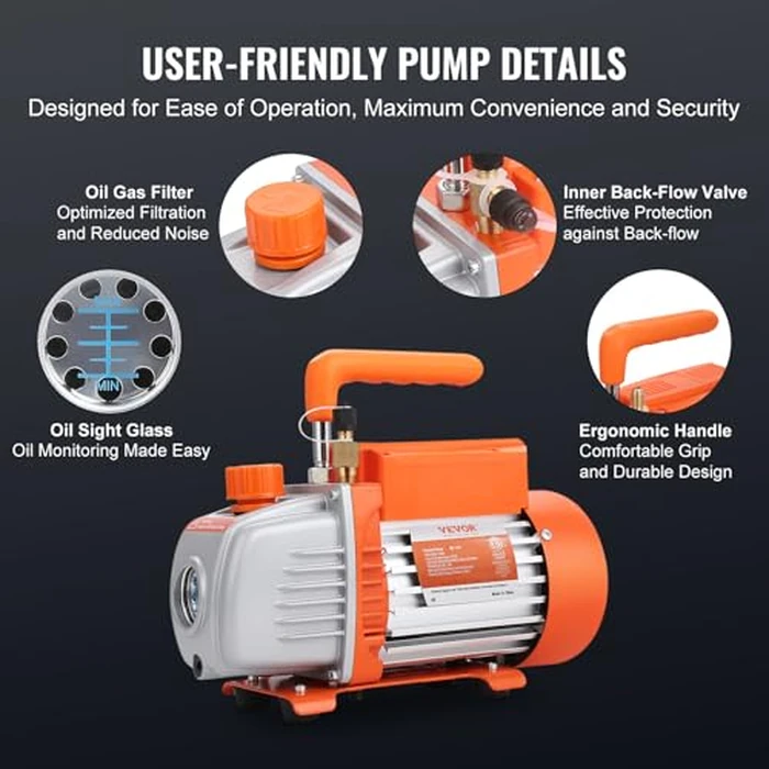VEVOR 1/4 HP 4 CFM AC Vacuum Pump and Gauge Set, Single Stage Rotary Vane HVAC Air Vacuum Pump A/C Refrigerant Kit Manifold Gauge Set, with Three-Color Hose Carry Bag, Applicable to R134a, R410a by VEVOR - Image 6