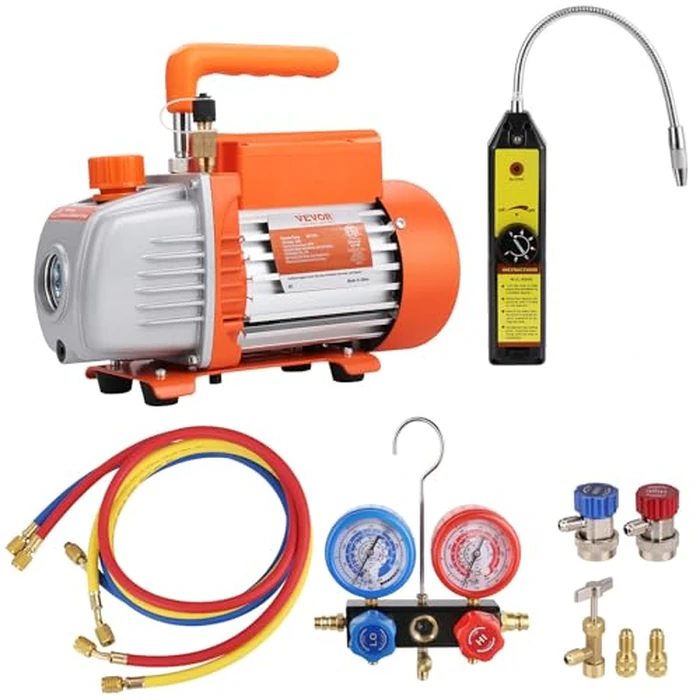 VEVOR 1/4 HP 4 CFM AC Vacuum Pump and Gauge Set, Single Stage Rotary Vane HVAC Air Vacuum Pump A/C Refrigerant Kit Manifold Gauge Set, with Three-Color Hose Carry Bag, Applicable to R134a, R410a by VEVOR - Image 9