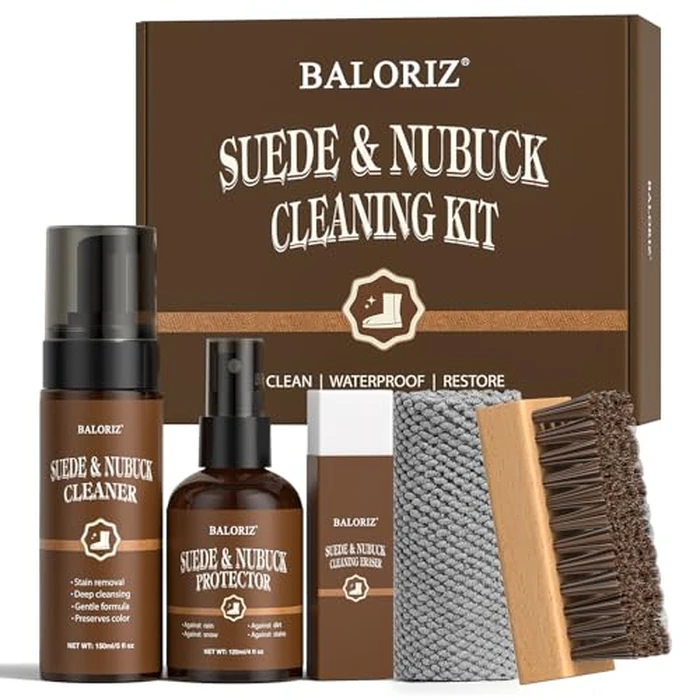 Suede & Nubuck Care Kit for Clog & Sandal, 5-Piece Set with Cleaner, Protector, Suede Brush & Eraser Clean, Microfiber Cloth, Premium Care Kit Protect for Shoes, Boots, Uggs, Jackets, Bags and Apparel by BALORIZ - Used - Like New condition - US$21.61