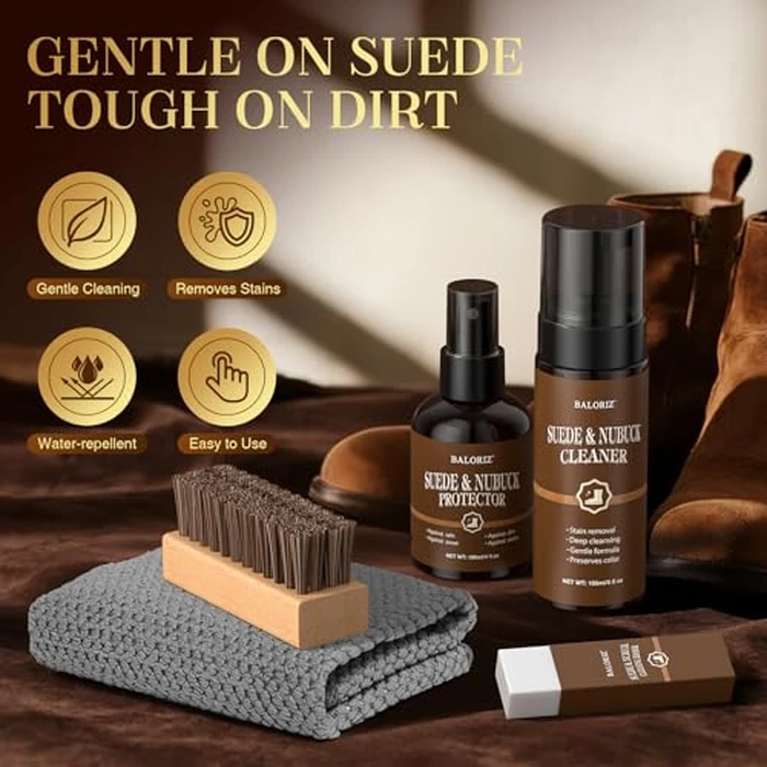 Suede & Nubuck Care Kit for Clog & Sandal, 5-Piece Set with Cleaner, Protector, Suede Brush & Eraser Clean, Microfiber Cloth, Premium Care Kit Protect for Shoes, Boots, Uggs, Jackets, Bags and Apparel by BALORIZ - Image 6