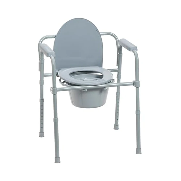 Drive Medical Folding Steel Bedside Commode Chair - Portable 3-in-1 Toilet Solution - Adjustable Height - 7.5 Qt Bucket Included - Durable Powder-Coated Steel Frame - Supports up to 350 Lb by Drive Medical - Image 1