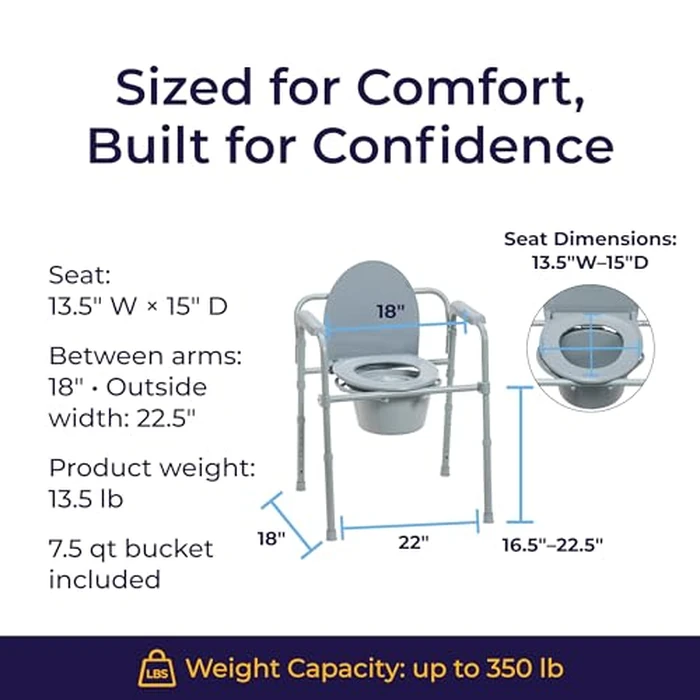 Drive Medical Folding Steel Bedside Commode Chair - Portable 3-in-1 Toilet Solution - Adjustable Height - 7.5 Qt Bucket Included - Durable Powder-Coated Steel Frame - Supports up to 350 Lb by Drive Medical - Image 7