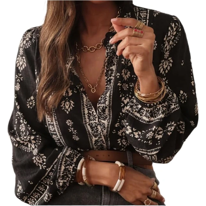 Womens Long Sleeve Button Down Cotton Linen Shirt Western Cowgirl Vintage Elegant Boho Floral Printed Blouses (Black, S) by Muineobuka - Used - Like New condition - US$25.49