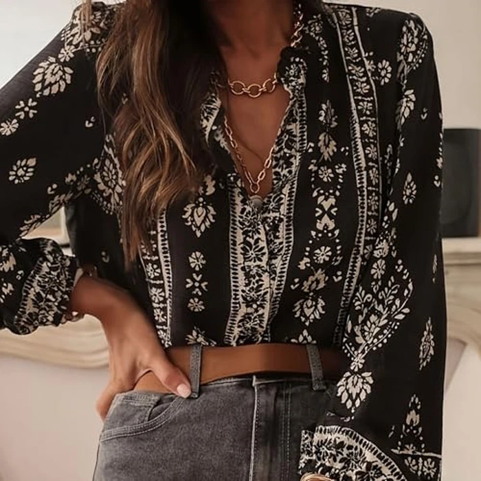 Womens Long Sleeve Button Down Cotton Linen Shirt Western Cowgirl Vintage Elegant Boho Floral Printed Blouses (Black, S) by Muineobuka - Image 2