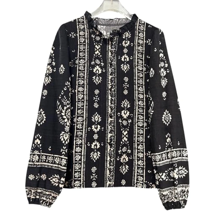 Womens Long Sleeve Button Down Cotton Linen Shirt Western Cowgirl Vintage Elegant Boho Floral Printed Blouses (Black, S) by Muineobuka - Image 6