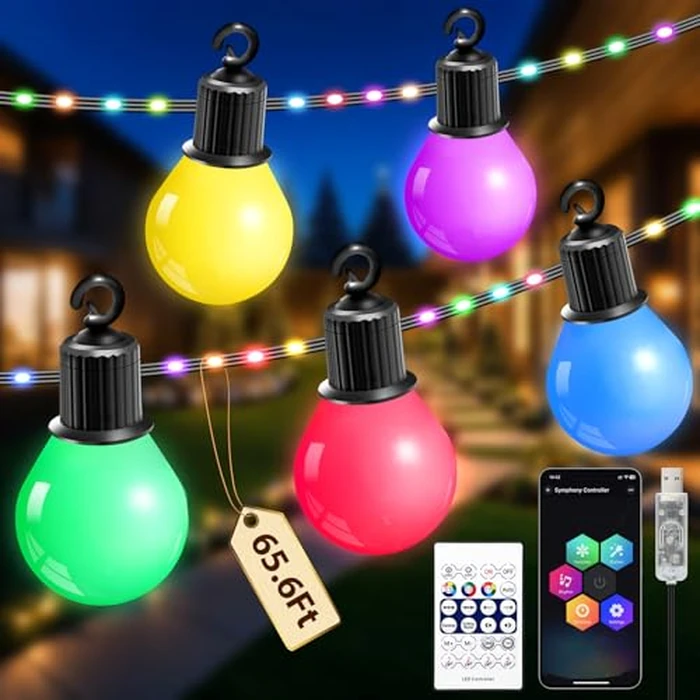 Smart Outdoor String Lights, 65.6Ft RGBIC Multi Color LED Patio Lights IP67 Waterproof with 26 G40 Bulbs,Remote,App Control, Music Sync Outside Hanging Lights USB Plug in for Garden Yard Camper Party by Taormey - Used - Like New condition - CA$23.97