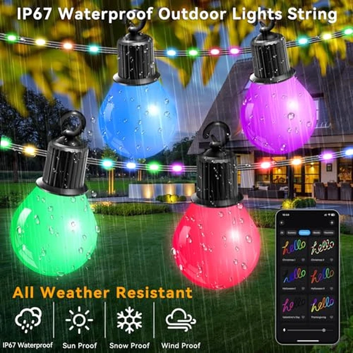 Smart Outdoor String Lights, 65.6Ft RGBIC Multi Color LED Patio Lights IP67 Waterproof with 26 G40 Bulbs,Remote,App Control, Music Sync Outside Hanging Lights USB Plug in for Garden Yard Camper Party by Taormey - Image 5