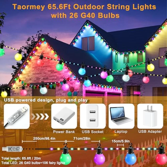 Smart Outdoor String Lights, 65.6Ft RGBIC Multi Color LED Patio Lights IP67 Waterproof with 26 G40 Bulbs,Remote,App Control, Music Sync Outside Hanging Lights USB Plug in for Garden Yard Camper Party by Taormey - Image 6