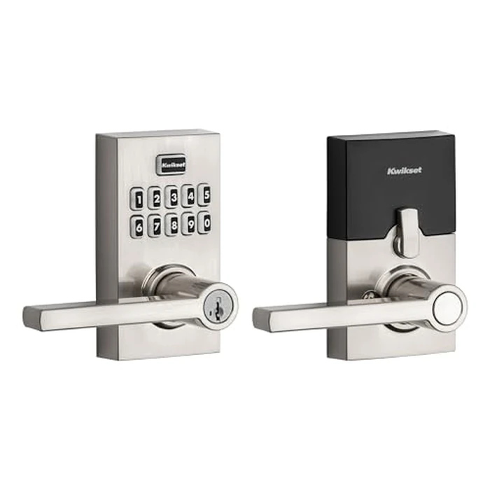 Kwikset SmartCode 917 Keypad Keyless Entry Contemporary Residential Electronic Lever Lock Deadbolt Alternative with Halifax Door Lever and SmartKey Security, Satin Nickel by Kwikset - Used - Like New condition