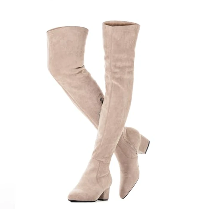 N.N.G Women Over the Knee Boots Cream Size 7.5 Low Heel Suede Thigh High Winter Block Chunky OTK Long Comfort by N.N.G - Used - Very Good condition