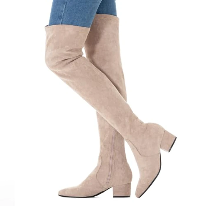 N.N.G Women Over the Knee Boots Cream Size 7.5 Low Heel Suede Thigh High Winter Block Chunky OTK Long Comfort by N.N.G - Image 4