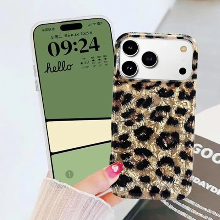 J.west Compatible with iPhone 17 Pro Case 6.3", Vintage Soft Sparkly Leopard Print Pearly Thinfoil Animal Design Women Girl Protective Cover Phone Case Brown Cheetah by J.west - Image 3