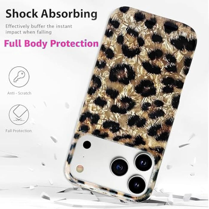 J.west Compatible with iPhone 17 Pro Case 6.3", Vintage Soft Sparkly Leopard Print Pearly Thinfoil Animal Design Women Girl Protective Cover Phone Case Brown Cheetah by J.west - Image 4
