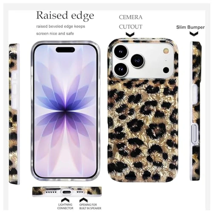 J.west Compatible with iPhone 17 Pro Case 6.3", Vintage Soft Sparkly Leopard Print Pearly Thinfoil Animal Design Women Girl Protective Cover Phone Case Brown Cheetah by J.west - Image 5