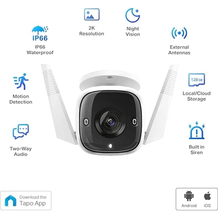 TP-Link Tapo 2K HD Security Camera Outdoor Wired, Built-in Siren, Night Vision, IP66 Weatherproof, Motion/Person Detection, Works w/Alexa & Google Home, Cloud/SD Card Storage, 2-Way Audio,White by Tapo - Image 3
