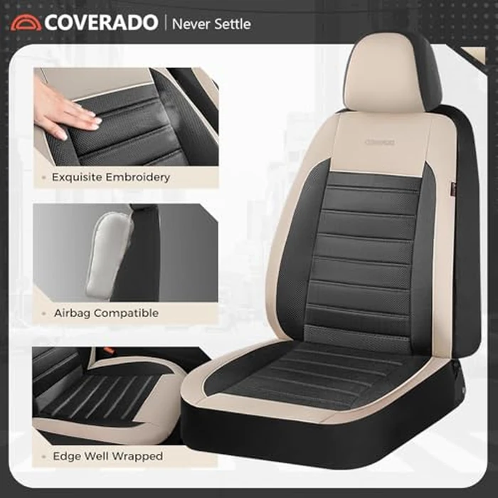 Coverado Car Seat Covers Front Seats, Luxury Leather Car Seat Covers, Automotive Mesh Seat Covers 2 Pack, Airbag-Compatible, Black Beige Seat Covers for SUV Sedan Truck by Coverado - Image 4