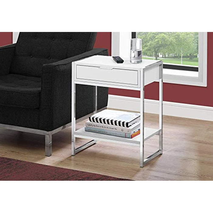 Monarch Specialties I 3480 Accent Table, Side, End, Nightstand, Lamp, Storage Drawer, Living Room, Bedroom, Metal, Laminate, Glossy White, Chrome, Contemporary by Monarch Specialties - Image 2