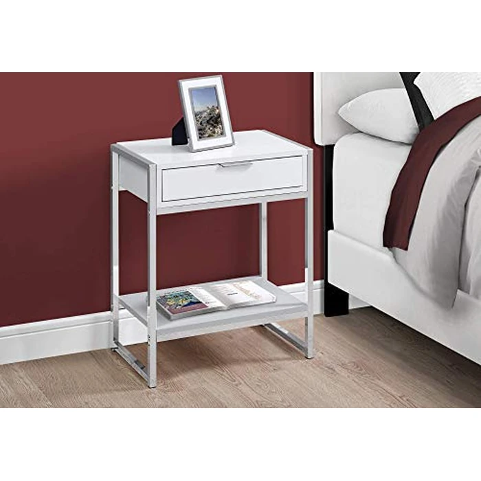 Monarch Specialties I 3480 Accent Table, Side, End, Nightstand, Lamp, Storage Drawer, Living Room, Bedroom, Metal, Laminate, Glossy White, Chrome, Contemporary by Monarch Specialties - Image 3